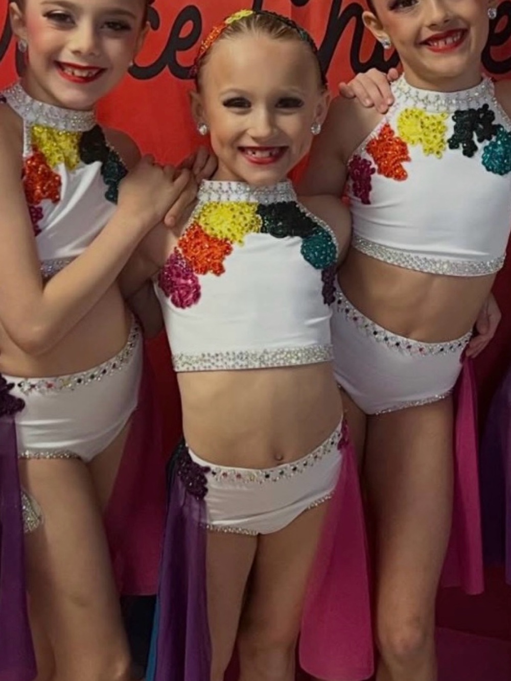 Kids White Sequin Two-Piece Dance Costume with Multicolor Accents